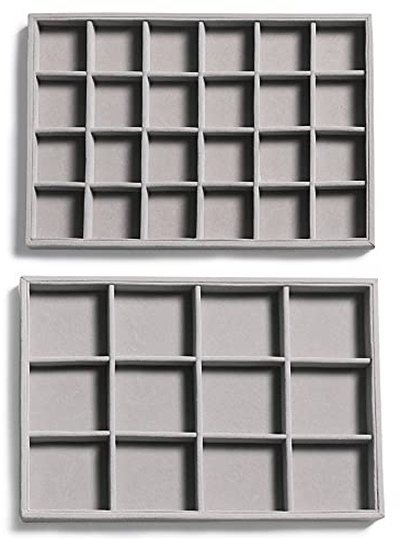 Frebeauty Bandejas organizadoras de joyas de terciopelo apilables para cajones, bandeja de almacenamiento de joyas, aretes, pulseras, collares, anillos, accesorios para mujeres(juego de 2) (gris).