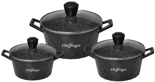 Diamant Kochgeschirr 6 teilig Topf Induktion Alu Guss Kochtopfset Marmor Schwarz