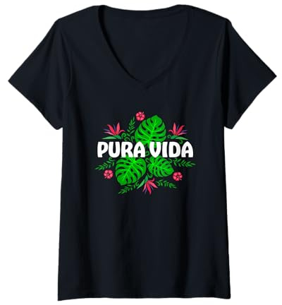 Damen Pura Vida Costa Rica Pflanzen Blumen Sommer Karibik Urlaub T-Shirt mit V-Ausschnitt