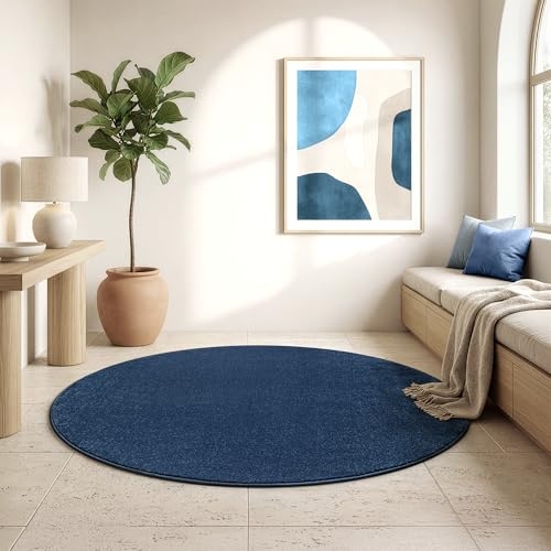 SANAT Kurzflor Teppich Wohnzimmer - Uni Modern Teppiche fürs Schlafzimmer, Arbeitszimmer, Büro, Flur, Kinderzimmer und Küche - Marine, 150 cm Rund
