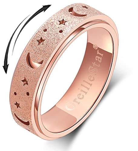 OreilleStar 【Angst Spinner Ring für Frauen】 Fidget Toys für Erwachsene, Titan Edelstahl Daumenring für Männer, Mondstern Roségold