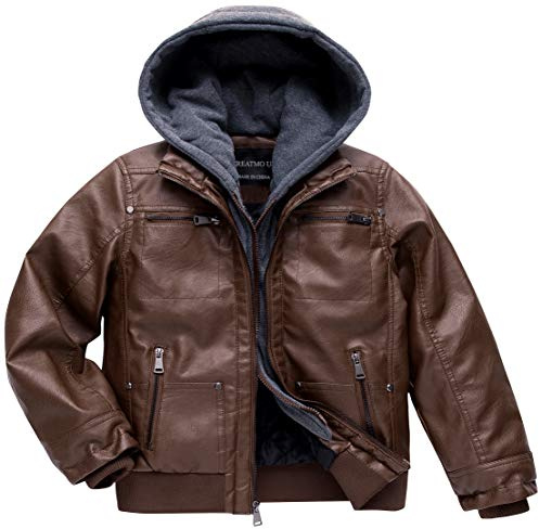 CREATMO US Boys Leather Bomber Jacket Winter Coat Children's Collar Motorcycle Faux Leather Coat Boys Faux Leather Jacket Coffee Velvet Lined 8