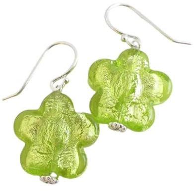 Pendientes de plata de ley con flores de color verde lima y cristal de Murano