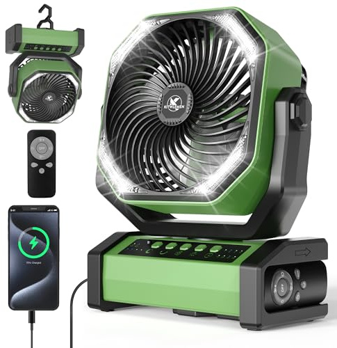 KITWLEMEN Ventilatore USB da 20000 mAh con luce a LED, ventilatore da tavolo con telecomando e gancio, 4 velocità, 4 timer, ricaricabile, campeggio, cantiere, uragano, emergenza