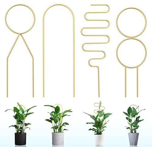WeiaiziY 4 Stück Rankhilfe für Zimmerpflanzen,Garten Pflanzenstütze Rankhilfe aus Metall, Rankhilfen für Kletterpflanzen,Blumenstütze Topfpflanzen Rankgitter, Pflanzgitter(Gold)