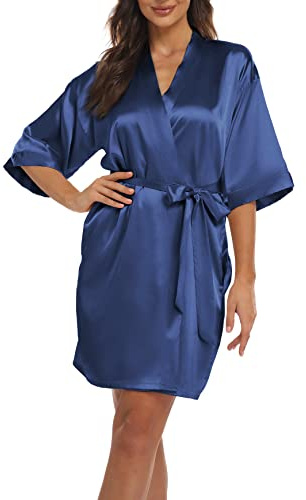 Teemie Dammorgonrock, badrock, satin, kimono, rock, nattkläder, med bälte, fickor, brud, brudtärnor, kort, sexig, v-ringad, nattlinne, sommar, kvinnor, 3/4 ärmar, pyjamas, bröllop, fest, Mörkblå, XXL