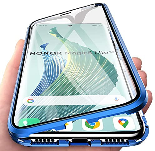Orgsty Funda para Honor Magic 5 Lite / X9a, Absorción Magnética Cubierta Vidrio Frontal y Posterior Case Marco Metal Súper Delgada Protección de 360 Grados Funda, Azul