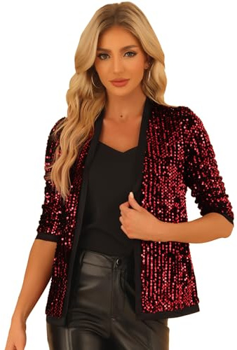 Allegra K Women's Sequin Cardigan 3/4 Sleeve Open Front Velvet Sparkle Jacket Party Glitter Blazer Medium Dark Red