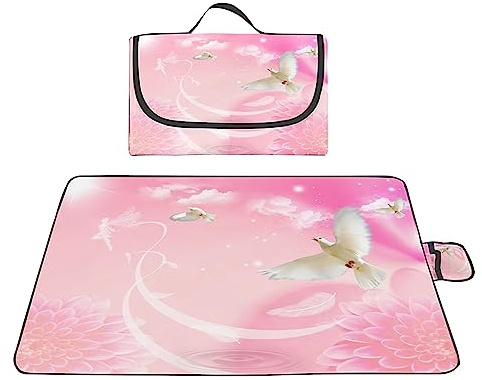 Picknickdecke 200x200cm,XXL Picknickdecke mit Wasserdichter Unterseite,Outdoor Stranddecke Sandfrei,mit Tragegriff Faltbare Picnic Blanket für Camping,Strand,Park,Familie,Konzerte Rosa Blume Vogel