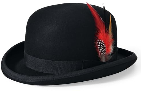 Willheoy Bowler Hut Herren Damen Melone Bowler Filzhut aus 100% Wolle Schwarz Derby Wollfilzhut Herbst Winter für Fasching Halloween Karneval Partyhut
