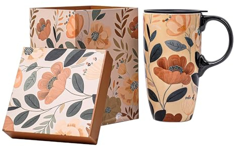Topadorn Ceramic Travel Mug with Lid and Handle ，Coffee Mug Teacup in Color Box 17 Oz, Splash Resistant Lid - To Go Tumbler for Car Cup Holder, Green Leaves And Flowers