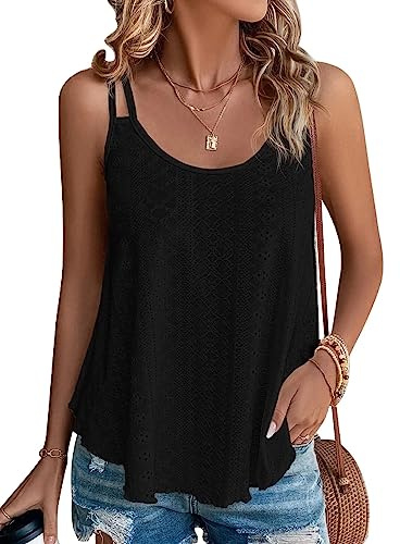 DUOEASE Camisetas de Tirantes Mujer Cuello Crew Moda Camiseta Sin Mangas Elegant Verano Tshirt Negro-S