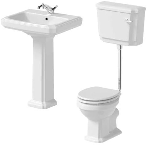 Park Lane® Cloakroom Bathroom Suite Low Level Toilet WC Single Flush Cistern Basin Full Pedestal Soft Close Freestanding Traditional White Gloss