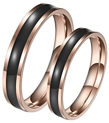 Bishilin Verlobungsinge Paar Edelstahl, 4MM Schmal Ring Rosegold mit Schwarz Emaille Damen Gr.57 (18.1) + Herren Gr.52 (16.6), Eheringe Partnerringe mit Gravur für Sie und Ihn