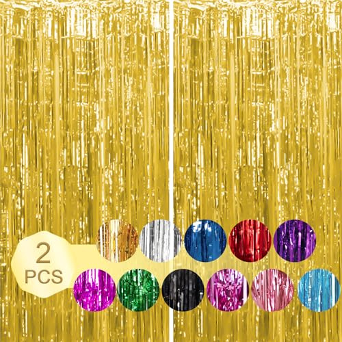 2 Stück 1 * 2 M Gold Lametta Vorhang, Metallische Glitzervorhang Fringe, Fransenvorhänge für Fotohintergrund Tür Wandbehang Fenstervorhang Party Büro Dekoration