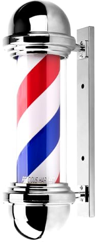 precious harvest 51cm Barbier Pole, Rot Blau und Weiß Barbershop Rotierende Leuchte, Klassische Schilder für Friseursalon, LED-Lichtquelle, Wandmontage, Silber