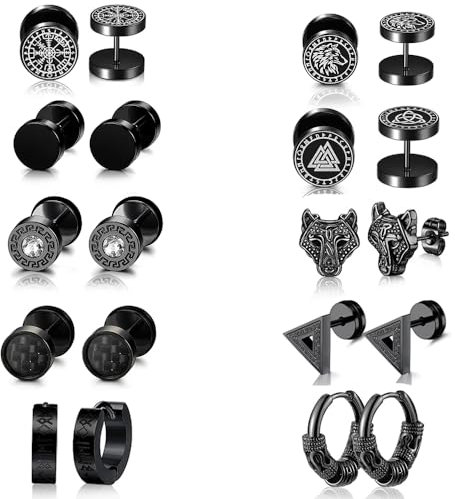 Ohrringe Herren Edelstahl, 10 Paar Ohrstecker Herren Silber Schwarz Cubic Zirkonia Ohrringes Männer Edelstahl Ohrstecker Set 8mm (Schwarz B)