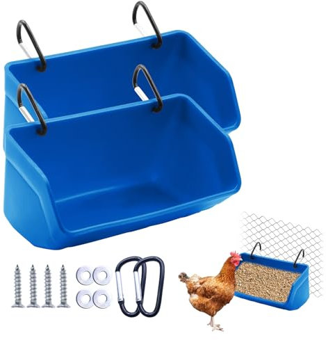 SKWIRRLE Futterspender für Zaun zum Aufhängen, 2 Stück, Futtertrog mit Clips für Ziegen, Enten, Schafe, Pferde, Gans, Schwein, Geflügel, Hühnerfuttereimer für Nutztiere (blau)