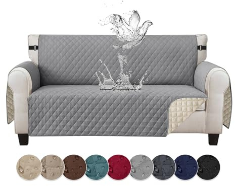 Jaotto Sofabezug 3 Sitzer wasserdichte Sofa Überzug mit Armlehnen Antirutsch Sofaschoner Sofaüberwurf Reversible Gesteppte Couch überzug für Haustiere Katzen Hunde,Blassgrau