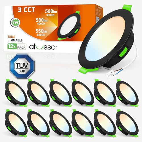 ALUSSO LED Einbaustrahler 230V Schwarz 7W Dimmbar 90-100mm 3CCT 12er Set | IP44 Bad Einbauleuchten LED Spots, Warmweiß 3000K Neutralweiß 4000K Kaltweiß 6500K Einbauspots für Wohnzimmer Badezimmer