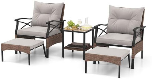 COSTWAY Salon de Jardin en Rotin 5 Pièces, Ensemble de Meubles de Patio avec 2 Chaises 2 Poufs et 1 Table Basse Plateau en Verre Trempé Coussins Doux, Meuble de Jardin pour Patio Cour (Marron+Brun)