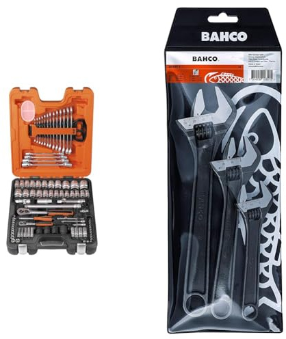 Bahco S87+7 Socket & Spanner Set, Metric & AF 1/4 & 1/2 Drive, 94 Pieces & BHADJUST 3 ADJ3 Set of 3 Adjustable Wrenches (8070/8071 / 8072), Grey, 16 Degree Head Angle