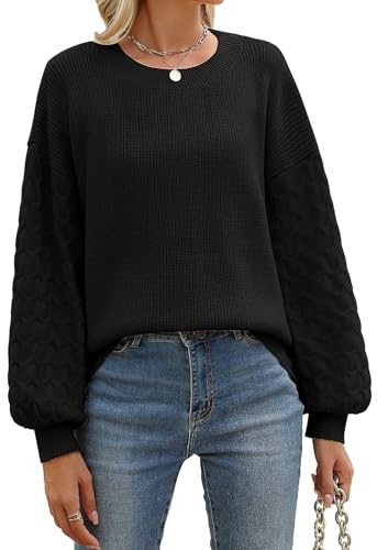 Heekpek Jersey Punto Mujer Cuello Redondo Suave Manga Larga de Linterna Cálido Suelto Elegante Otoño Invierno, Negro, S