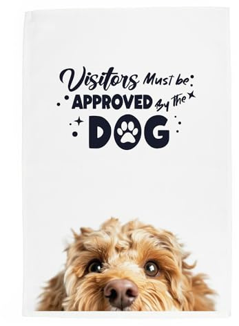 Purely Home Peeping Dog Tea Towel - Visitors Must Be Approved By The Dog - Cockapoo Gift Panama Cotton Kitchen Dish Towel/Drying Cloth - 67cm x 45cm
