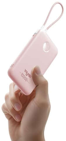 10 000 mAh bärbar laddare QC 22,5 W snabbladdning med inbyggda kablar | Ultratunn powerbank med LED-skärm, USB C-batteripaket för iPhone 17/16/15, Samsung S25 S24-Pink