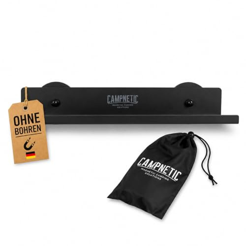 Campnetic Magnetisches Regal 30x15cm Schwarz für Camping | Einfaches Anbringen ohne Bohren, Ideal für Van, Camper, Wohnmobil, Komplettes Set inkl. Beutel, Camping Magnet Zubehör