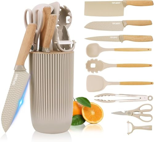 10 PCS Kitchen Cooking Utensils Set, Non-Stick Stainless Steel Knives and Silicone Cooking Kitchen Utensils Spatula Set with Holder, Wooden Ergonomic Handle