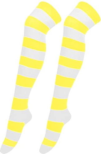 Overknee Strümpfe Damen Kniestrümpfe Bunt Ringel Baumwolle Damen Gestreifte Overknees Strümpfe Kuschelsocken Ringelstrümpfe Karneval Cosplay 80er Jahre (Yellow, One Size)