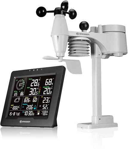 Bresser WLAN Wetterstation 8-in-1 mit Außensensor, WBGT-Hitzestress-Index, UV, Regen, Wind, Licht, WLAN, App-Steuerung, Raumklima, Wecker, Frostwarnung, schwarz
