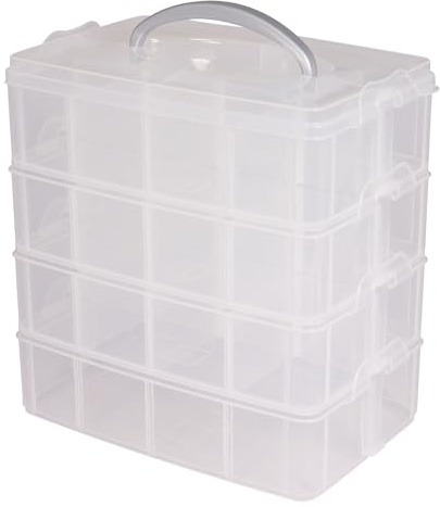 Rayher förvaringslåda, sorteringslåda med bärhandtag, 4 nivåer, 23,1 x 15,6 cm, höjd 24,7 cm, plast, klar, perfekt för prydnadssaker, leksaker, verktyg, sybehör, DIY-material, 47002000