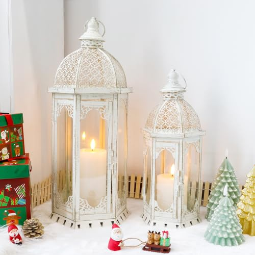 JHY DESIGN Set of 2 Decorative Candle Lantern 50cm & 38cm High Outdoor Candleholders Vintage Metal Candlestick for Garden Porch Living Room Indoor Outdoor Parties Weddings Patio (White)