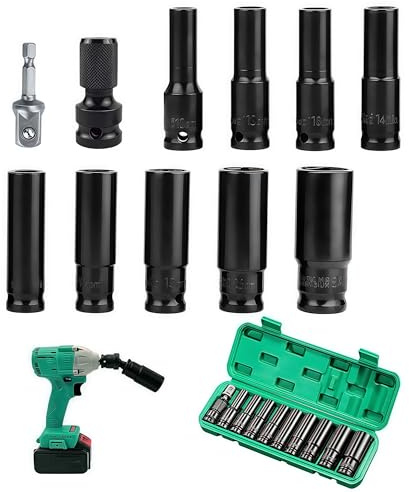 Impact Socket Set 1/2 Inch, 11PCS Deep Socket Set with CR-V Hex Sockets (10-24mm), Adapter & Storage Box, Pro Car Tools for Automotive Home DIY Repair