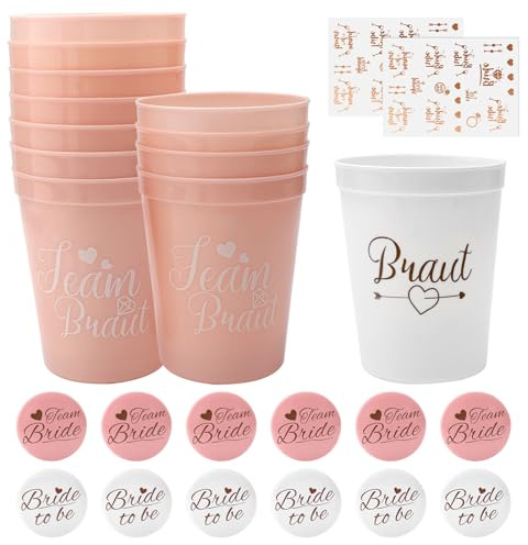 12pcs Jga Accessoires Frauen, Team Braut Bachelor Party Cup, Junggesellenabschied Frauen, Jga Becher, Jga Deko Frauens, Bride To Be, Team Bride mit 12 Abzeichen und 2 Tattoo-Aufklebern