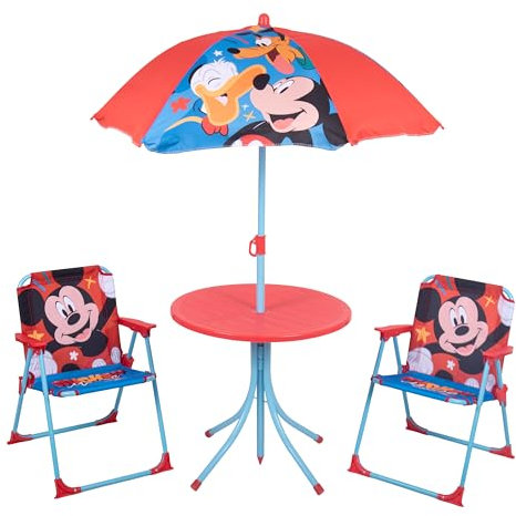 Relsy Mickey Mouse Red Patio Set Kid's Garden Furniture, 4-Piece Kids Patio Set With Table, 2 x Chairs, Adjustable Parasol with Mickey Mouse, Pluto & Donald Duck For Children