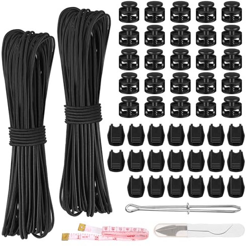 Draupnir 2 Piezas 3 mm x 10 m Cordón Elástico Goma, Cuerda de Goma Redonda, Cordón Elástico Negro con 20 Tapón de Cordón y 20 Abrazadera de Cordón para Mochilas, Ropa, Cordones de Zapatos