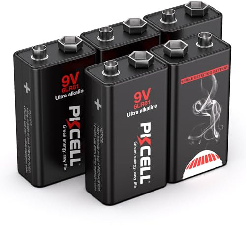 PKCELL Pile Monobloc 9V 6LR61 Piles alcalines pour détecteur de fumée, détecteur, 5 pièces