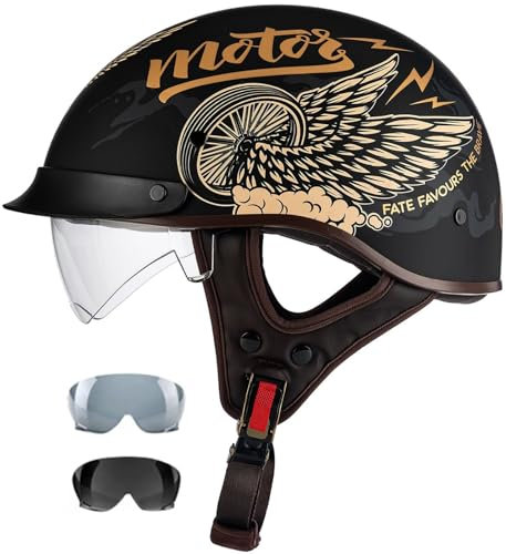 3/4 Casco Aperto Moto Mezzo Casco, Vintage Caschi Jet Caschi Cromwell Per Uomo E Donna Adulto, DOT/ECE Approvato Demi-Jet Casco Da Moto, Casco A Scodella Con Visiera Parasole 13,M=57-58CM