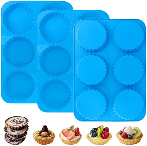 Sidosir 3Pcs 4 Inch Tart Cake Pan Mold, Mini Peanut Butter Cup Molds Silicone, Non-Stick Chocolate Mold for Making Brownies, Silicone Round Molds Corrugated Side for Cupcakes