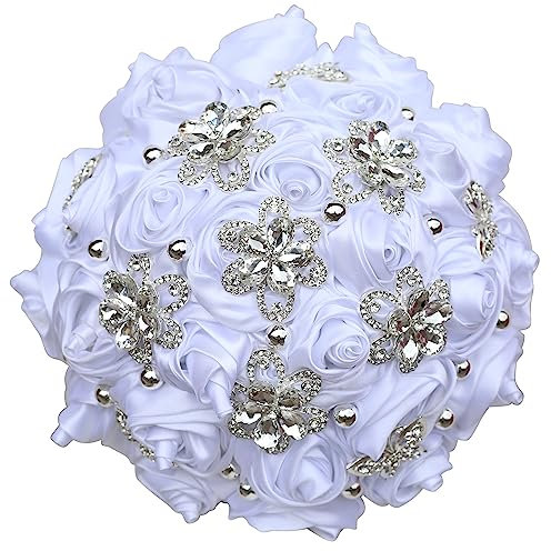 Namzi Bouquet da sposa con rose artificiali in raso, con nastro di raso, bouquet floreale, colore: bianco