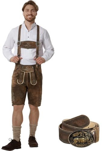 dressforfun Echtleder Lederhose Herren lang, Trachtenlederhosen für Herren, Trachten Lederhose Vintage Look Lederhosen mit Hosenträgern und Hornknöpfen, Trachtenhose Herren