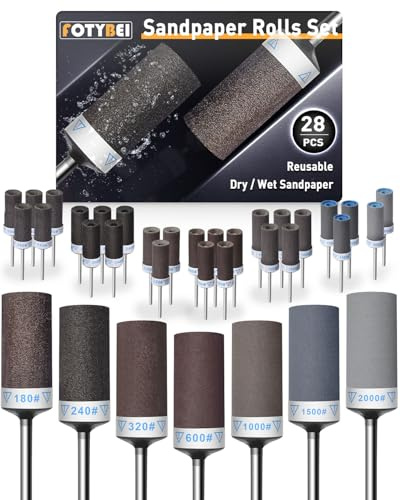 28Pcs Sanding Drums Sandpaper Sticks Set for Dremel Rotary Tool with 1/8 Shank, 180/240/320/600/1000/1500/2000 Grits Different Meet More Needs for Metal Rust Removal/Stone Grinding/Jade Polishing