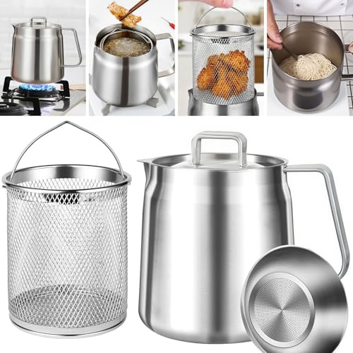 2L 304 Stainless Steel Deep Fat Fryer, Chip Pans with Basket and Lid | Chip Fryer, Oil Strainer Jug with Filter, Large Capacity Grease Container for Bacon Fat & Cooking Oil, Dishwasher Safe