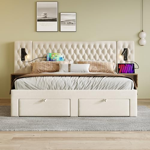 Easexcy Juego completo de cama para dormitorio, cama doble tapizada de 160 x 200 cm, con 2 mesitas de noche y 4 cajones, beige, terciopelo (sin colchón)