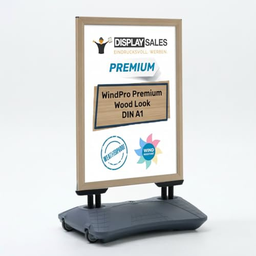 DISPLAY SALES Plakatständer WindPro® Premium | Kundenstopper OUTDOOR in DIN A1 | Plakataufsteller A1 wasserfest in Holzoptik mit grauer Base | Aufsteller Werbung beidseitig nutzbar für 2 Plakate