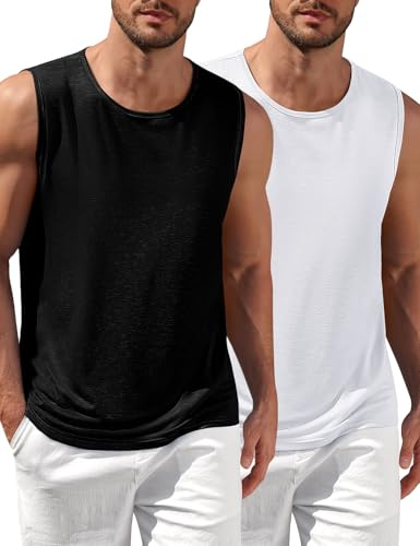 Lonya Gym linne herr linne sommar strand ledig atletisk väst bodybuilding löpning T-shirt ärmlös, L