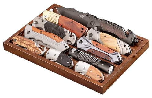 Emfogoo 1 Stück Messerhalter, Holz Messerständer, Ausrüstungstablett Messer Vitrine, Sammelmesserständer für Klappmesser,Heimdekoration (Walnussbraun)